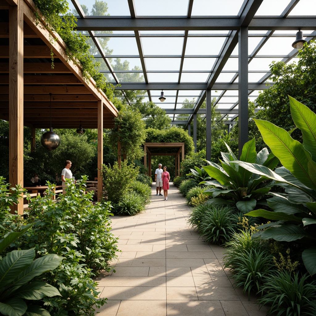 Prompt: Vibrant botanical garden, lush greenery, tropical plants, wooden trellises, steel beams, transparent glass roofs, natural stone floors, modern minimalist architecture, clerestory windows, soft diffused lighting, warm cozy atmosphere, 1/1 composition, shallow depth of field, realistic plant textures, ambient occlusion.