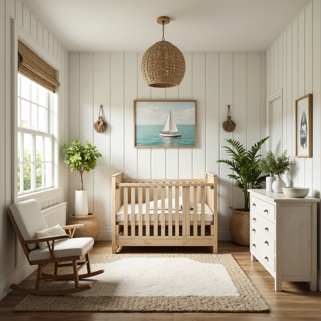 Prompt: Whimsical coastal baby room, soft calming colors, gentle ocean breeze, driftwood furniture, distressed white finishes, natural woven textiles, plush area rugs, creamy seafoam walls, shell-inspired decor, nautical accents, wooden crib with sailboat design, comfortable glider rocker, ocean-themed wall art, serene beachy atmosphere, warm golden lighting, shallow depth of field, 1/2 composition, realistic wood grain textures.