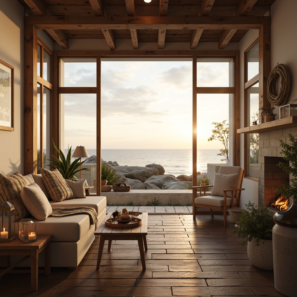 Prompt: Soft warm coastal lighting, natural daylight, ocean views, large windows, sliding glass doors, beachy vibes, driftwood accents, nautical ropes, rustic metal lanterns, candlelit ambiance, warm beige tones, soft pastel hues, weathered wood textures, sea salt air, misty morning light, gentle afternoon sun, dramatic sunset silhouettes, 1/1 composition, low-key lighting, atmospheric perspective, realistic reflections, ambient occlusion.