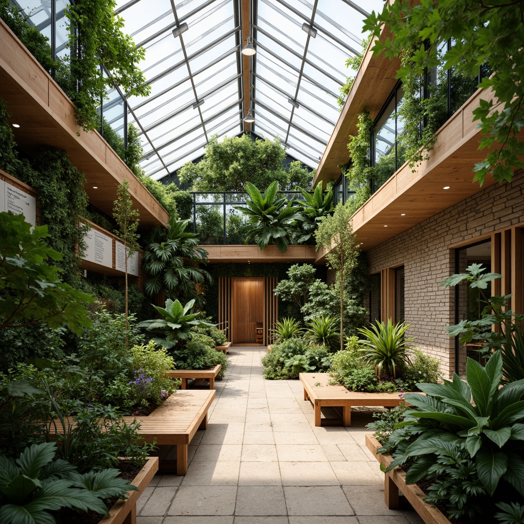 Prompt: Lush greenhouse interior, abundant tropical plants, natural stone walls, reclaimed wood accents, large skylights, glass roof, clerestory windows, soft diffused lighting, warm earthy tones, organic textures, verdant foliage, living walls, botanical displays, educational graphics, interactive exhibits, wooden benches, minimalist decor, calming atmosphere, shallow depth of field, 1/2 composition, naturalistic colors, subtle shadows, ambient occlusion.