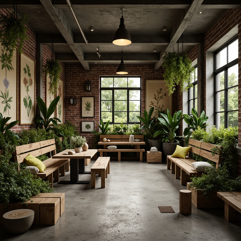 Prompt: Earthy tones, mossy greens, soft sage, natural wood accents, reclaimed wooden benches, vintage botanical prints, distressed brick walls, industrial metal beams, lush greenery, hanging plants, pendant lamps, warm ambient lighting, 1/1 composition, shallow depth of field, realistic textures, ambient occlusion.