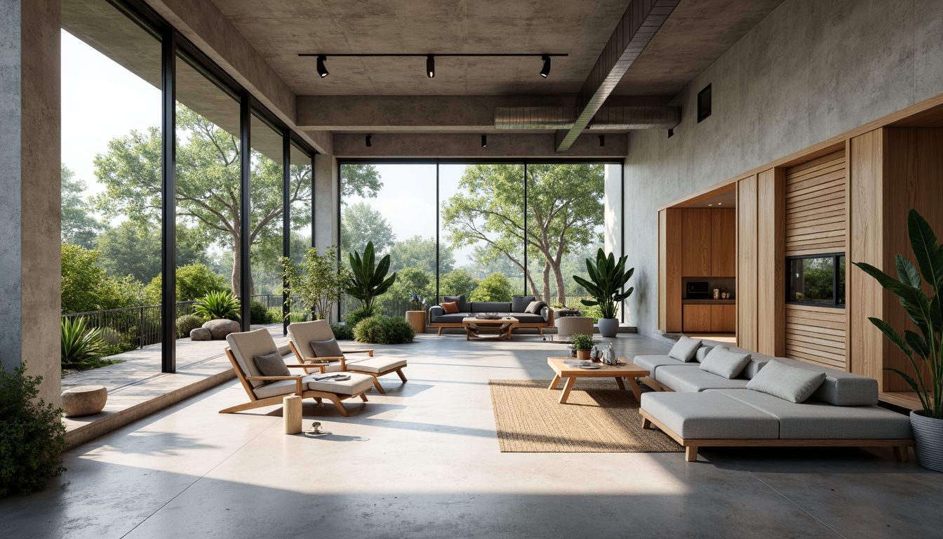 Prompt: Minimalist interior, airy atmosphere, abundant natural light, floor-to-ceiling windows, sliding glass doors, spacious open-plan living area, sleek modern furniture, polished concrete floors, industrial-style lighting fixtures, urban loft-inspired design, exposed ductwork, neutral color palette, greenery walls, potted plants, wooden accents, soft warm lighting, shallow depth of field, 3/4 composition, panoramic view, realistic textures, ambient occlusion.