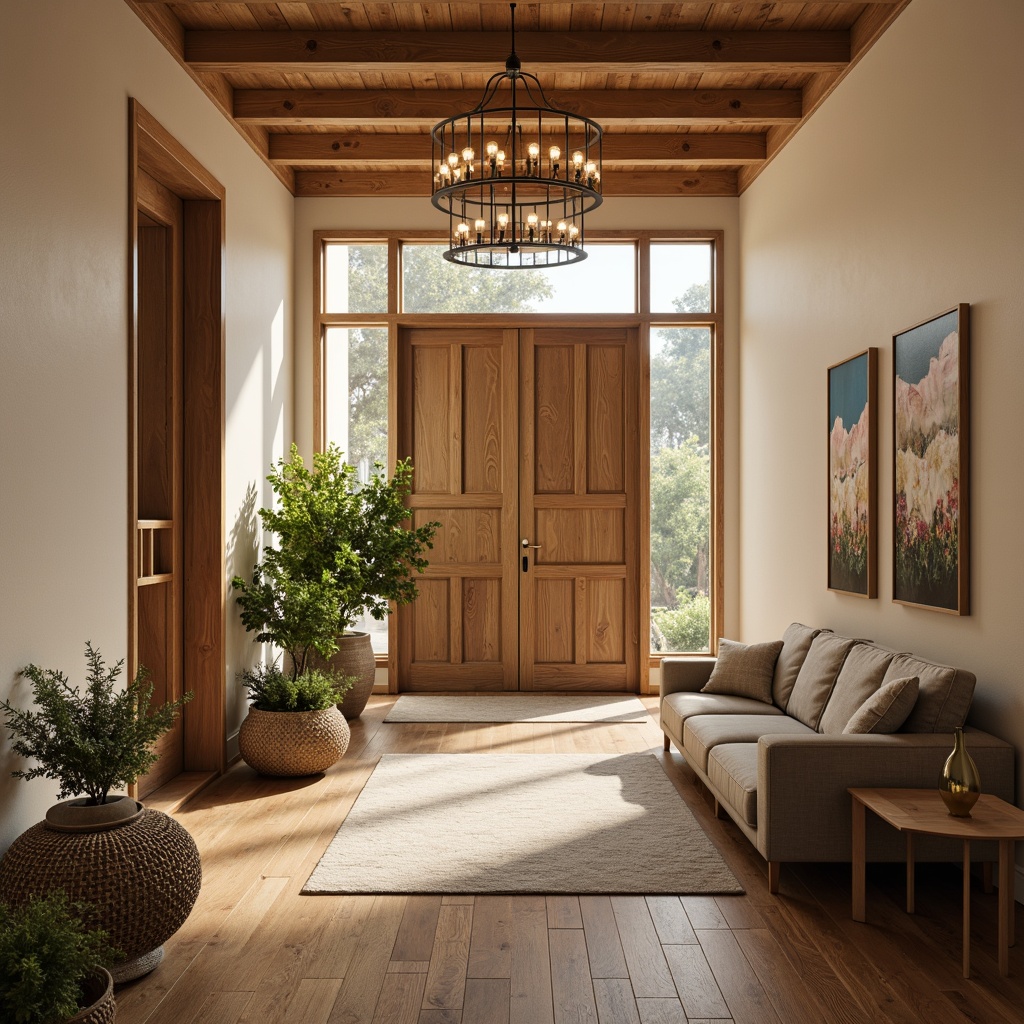 Prompt: Welcoming foyer, natural wood accents, earthy tones, soft cream walls, rich walnut floors, elegant chandelier, warm golden lighting, cozy plush furniture, vibrant greenery, statement art pieces, modern abstract patterns, geometric shapes, 1/1 composition, soft focus, atmospheric perspective, realistic textures, subtle shading.