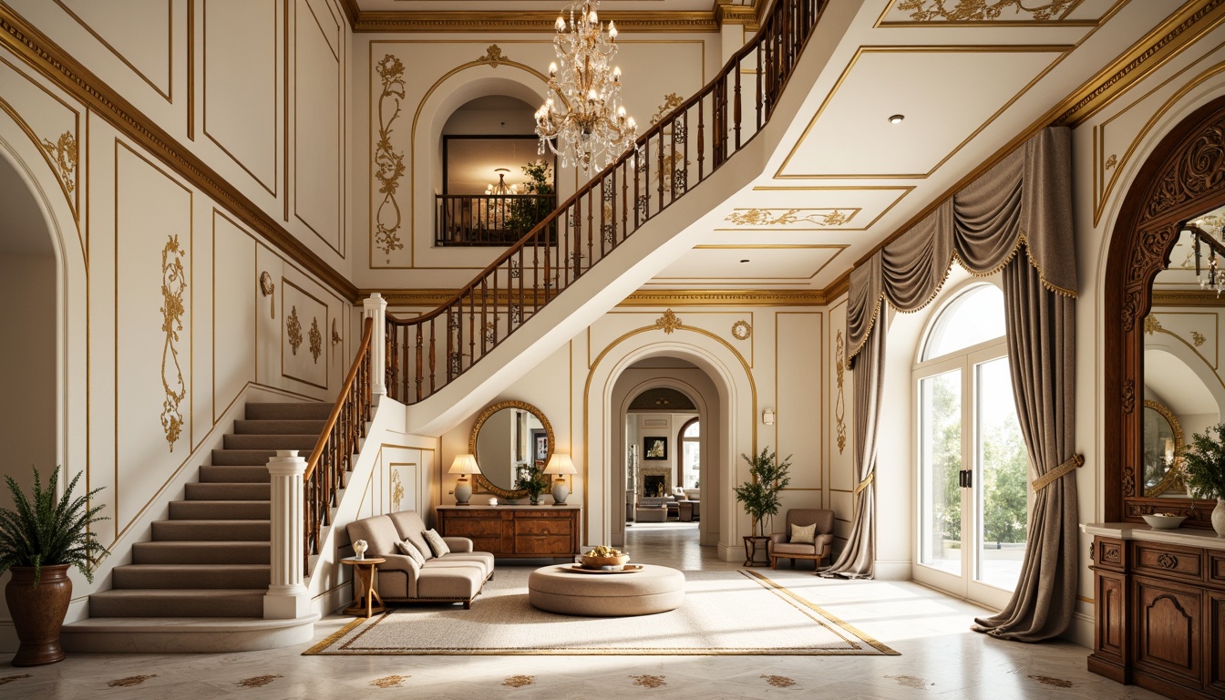 Prompt: Opulent mansion, ornate facades, curved lines, golden accents, intricate moldings, pastel color palette, lavish furnishings, crystal chandeliers, marble floors, velvet drapes, intricately carved wooden doors, grand staircases, ornate mirrors, soft warm lighting, shallow depth of field, 1/1 composition, realistic textures, ambient occlusion.