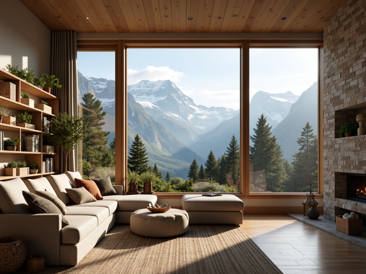 Prompt: Cozy Nordic living room, large windows, soft warm lighting, natural stone walls, light wood floors, minimal decor, functional furniture, organic textiles, plants on shelves, snow-capped mountains outside, serene forest landscape, gentle morning sunlight, shallow depth of field, 1/1 composition, realistic textures, ambient occlusion.