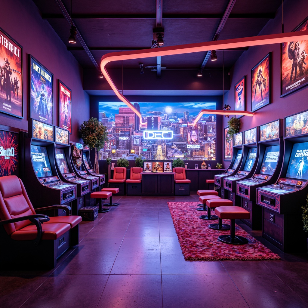 Prompt: Vibrant game room, bold color scheme, neon lights, futuristic arcade machines, sleek gaming desks, high-tech gadgets, comfortable seating areas, abstract geometric patterns, metallic textures, dynamic lighting effects, 3D visuals, cinematic atmosphere, panoramic cityscape wallpaper, eclectic art pieces, pop culture references, nostalgic video game posters.