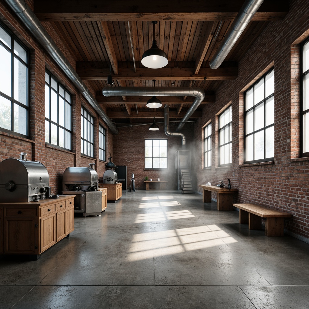 Prompt: Exposed brick walls, metal beams, concrete floors, industrial lighting fixtures, minimalist decor, functional machinery, steel pipes, reclaimed wood accents, distressed finishes, urban loft atmosphere, natural ventilation, abundant daylight, softbox lighting, shallow depth of field, 1/1 composition, symmetrical framing, gritty textures, subtle color palette, atmospheric misting.