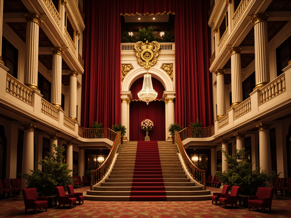 Prompt: Grandiose cinema, neoclassical architecture, ornate columns, intricate carvings, golden accents, velvet drapes, red carpet, majestic staircase, crystal chandeliers, elegant balconies, Roman-inspired arches, sophisticated lighting, warm color palette, cinematic atmosphere, dramatic shadows, high contrast, 1/2 composition, symmetrical framing, grandeur scale, realistic textures, subtle ambient occlusion.