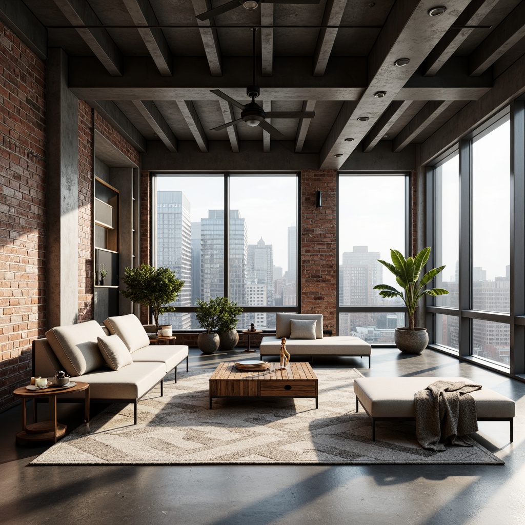 Prompt: Minimalist open space, industrial chic, exposed brick walls, polished concrete floors, metal beams, modern loft architecture, floor-to-ceiling windows, natural light pouring in, urban city views, cozy reading nooks, plush sectional sofas, reclaimed wood coffee tables, geometric patterned rugs, monochromatic color scheme, warm ambient lighting, 1/1 composition, realistic textures, shallow depth of field.