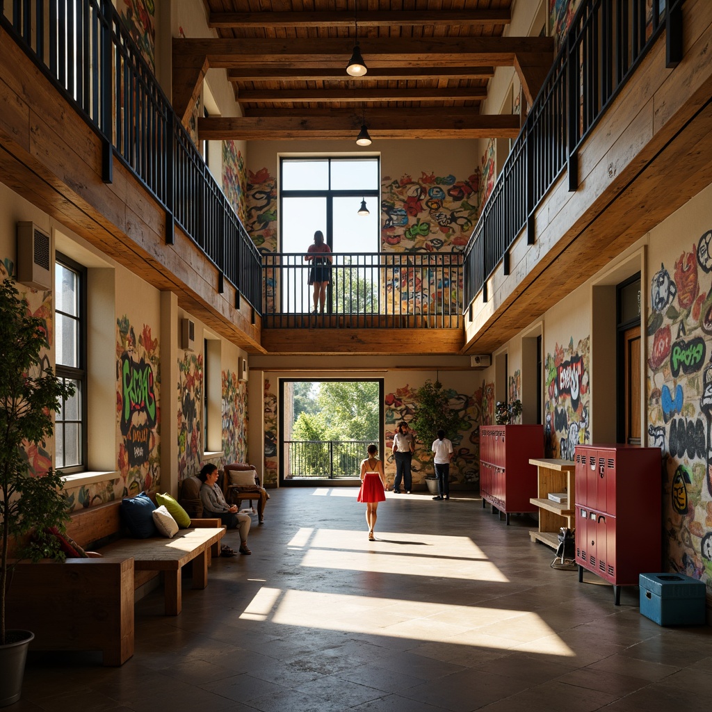 Prompt: Rustic middle school building, earthy tones, rough-hewn stone walls, wooden accents, distressed metal details, vibrant graffiti murals, eclectic mix of patterns, colorful lockers, bustling corridors, natural light pouring in, warm cozy atmosphere, shallow depth of field, 1/2 composition, realistic textures, ambient occlusion, subtle camera angle, inviting warm lighting.