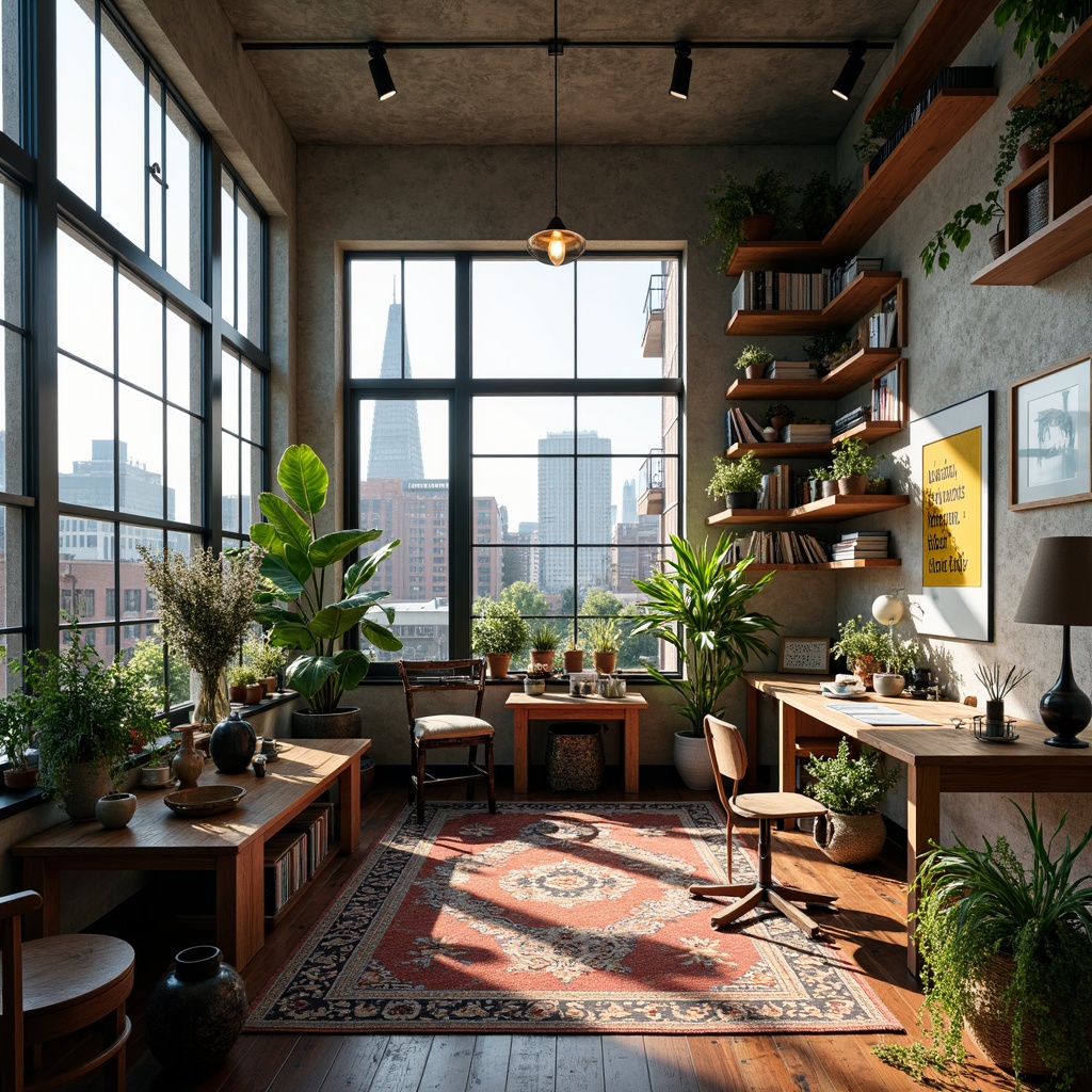 Prompt: Inspiring artist's studio, eclectic vintage decor, distressed wooden furniture, abundant natural light, floor-to-ceiling windows, urban cityscape views, cozy reading nooks, plush area rugs, ergonomic workstations, minimalist metal desks, colorful abstract artwork, inspirational quotes, lush greenery, flexible modular shelving, warm task lighting, shallow depth of field, 1/1 composition, realistic textures, ambient occlusion.