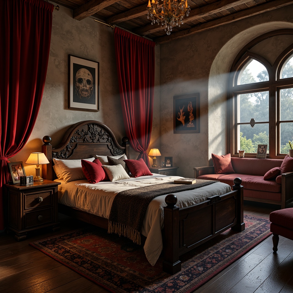 Prompt: Mysterious kids' bedroom, dark wood furniture, ornate metal accents, crimson velvet curtains, eerie candlelight, flickering lanterns, mystical moonlit ambiance, spooky shadows, gothic arches, stone walls, mysterious crypt-like atmosphere, dimly lit reading nook, cozy throw blankets, warm golden lighting, dramatic spotlights, foggy misty effects, medieval-inspired decor, ancient mysterious artifacts, mystical symbols, eerie soundscape, haunting melodies.