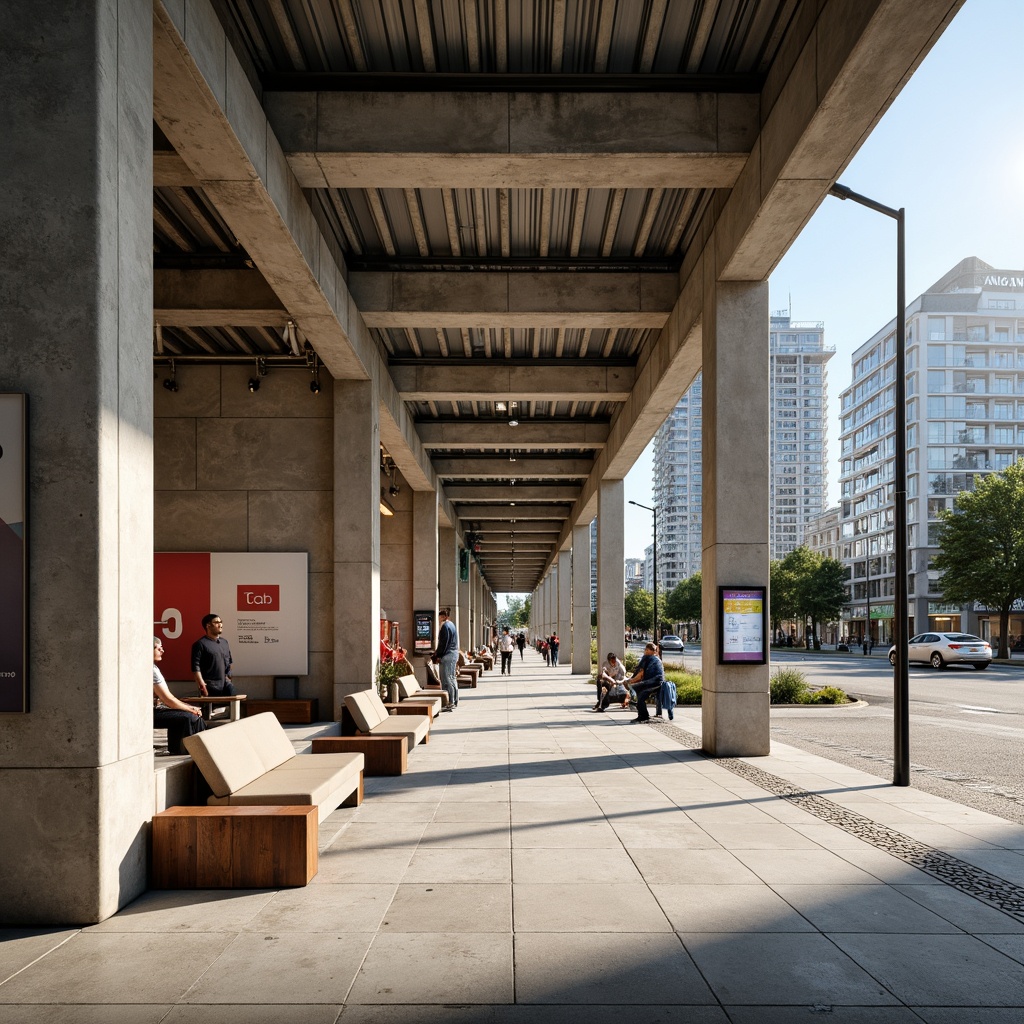 Prompt: Bauhaus-inspired bus station, industrial materials, exposed concrete walls, steel beams, metal roofing, large glass windows, minimalist design, functional layout, brutalist architecture, urban surroundings, cityscape background, sunny day, soft warm lighting, shallow depth of field, 3/4 composition, realistic textures, ambient occlusion, bold color scheme, primary colors, geometric shapes, clean lines, functional furniture, industrial-style benches, modern signage, information displays.