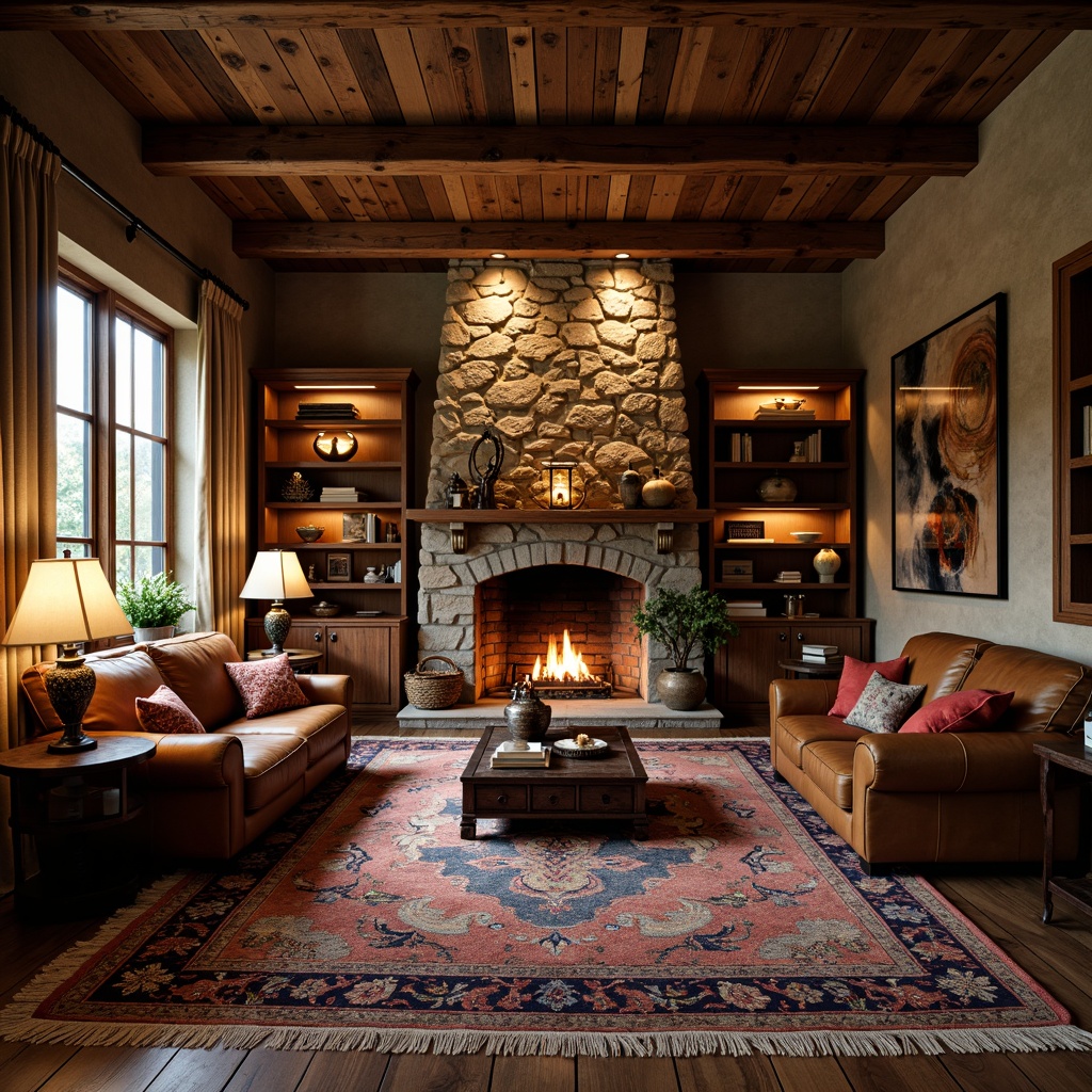 Prompt: Cozy living room, warm wooden accents, rich leather furniture, ornate metalwork, vintage decorative items, plush area rugs, earthy color palette, soft warm lighting, table lamps, floor lamps, pendant lights, candlelight ambiance, rustic wood beams, natural stone fireplace, built-in shelving, comfortable seating nooks, inviting atmosphere, 3/4 composition, shallow depth of field, realistic textures.