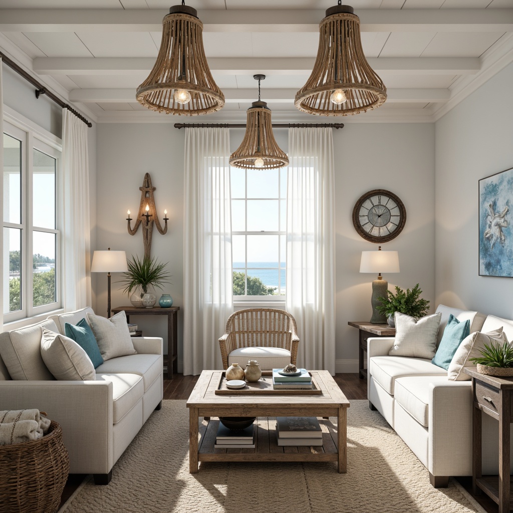 Prompt: Coastal living room, ocean-inspired decor, soft warm lighting, beachy ambiance, nautical accents, driftwood chandeliers, pendant lights with sea glass shades, woven rattan sconces, distressed wood lanterns, bronze metal fixtures, rope details, natural linen shades, soft blue and white hues, calming atmosphere, morning sunlight, 1/1 composition, realistic textures, ambient occlusion.