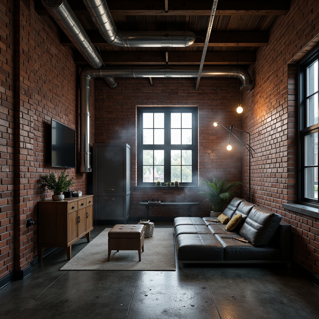 Prompt: Exposed brick walls, industrial pipes, metal accents, reclaimed wood beams, urban loft atmosphere, distressed concrete floors, minimalist decor, modern industrial lighting, sleek metal fixtures, Edison bulbs, polished chrome details, riveted steel elements, metallic sheen, dark moody tones, dramatic shadows, cinematic composition, high contrast ratio, gritty textures, atmospheric mist.