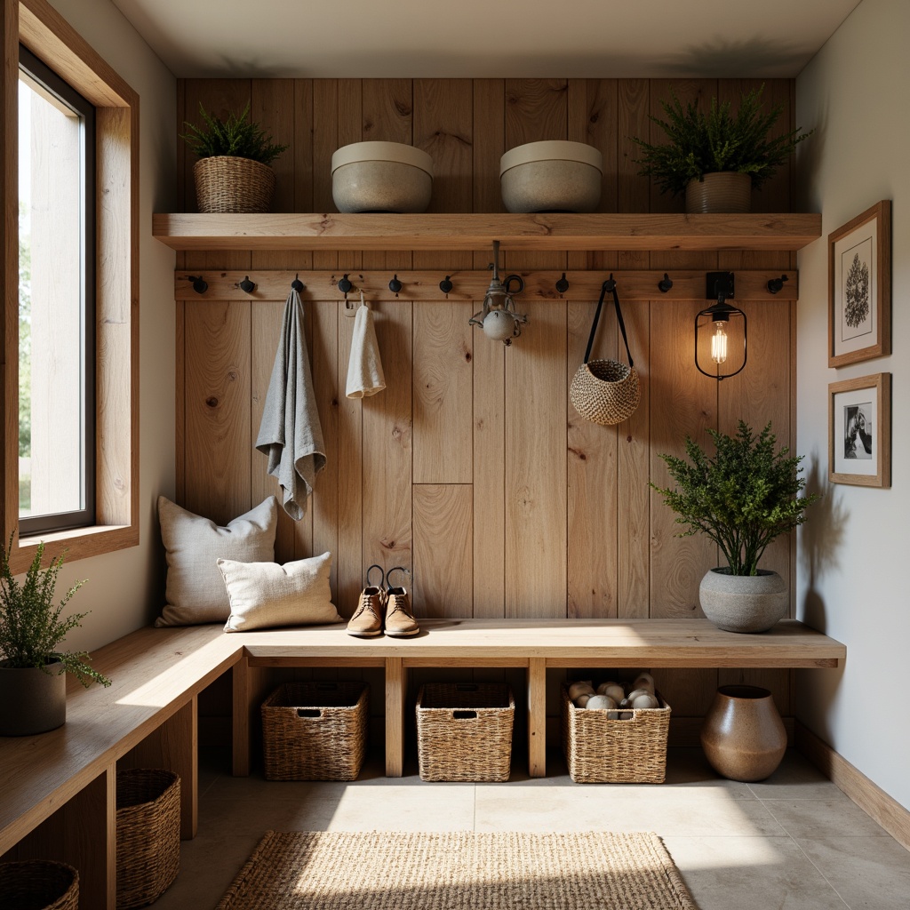 Prompt: Rustic mudroom, natural wood tones, woven baskets, earthy color palette, functional storage benches, wooden coat racks, metal hooks, woven textiles, industrial-style lighting fixtures, reclaimed wood accents, weathered metal decor, earthy planters, organic shapes, 3D geometric patterns, warm ambient lighting, soft focus blur, 1/2 composition, realistic material textures.