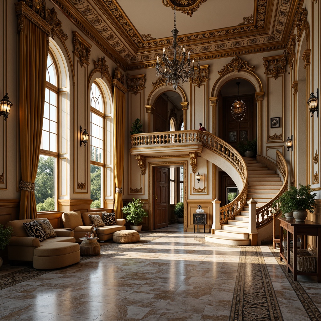 Prompt: Opulent mansion, grandiose facade, ornate stonework, delicate carvings, gilded accents, intricate moldings, lavish furnishings, velvet drapes, crystal chandeliers, marble floors, sweeping staircases, ornate mirrors, pastoral landscapes, serene gardens, fountain features, soft golden lighting, warm color palette, high contrast ratio, 1/2 composition, shallow depth of field, realistic textures, ambient occlusion.