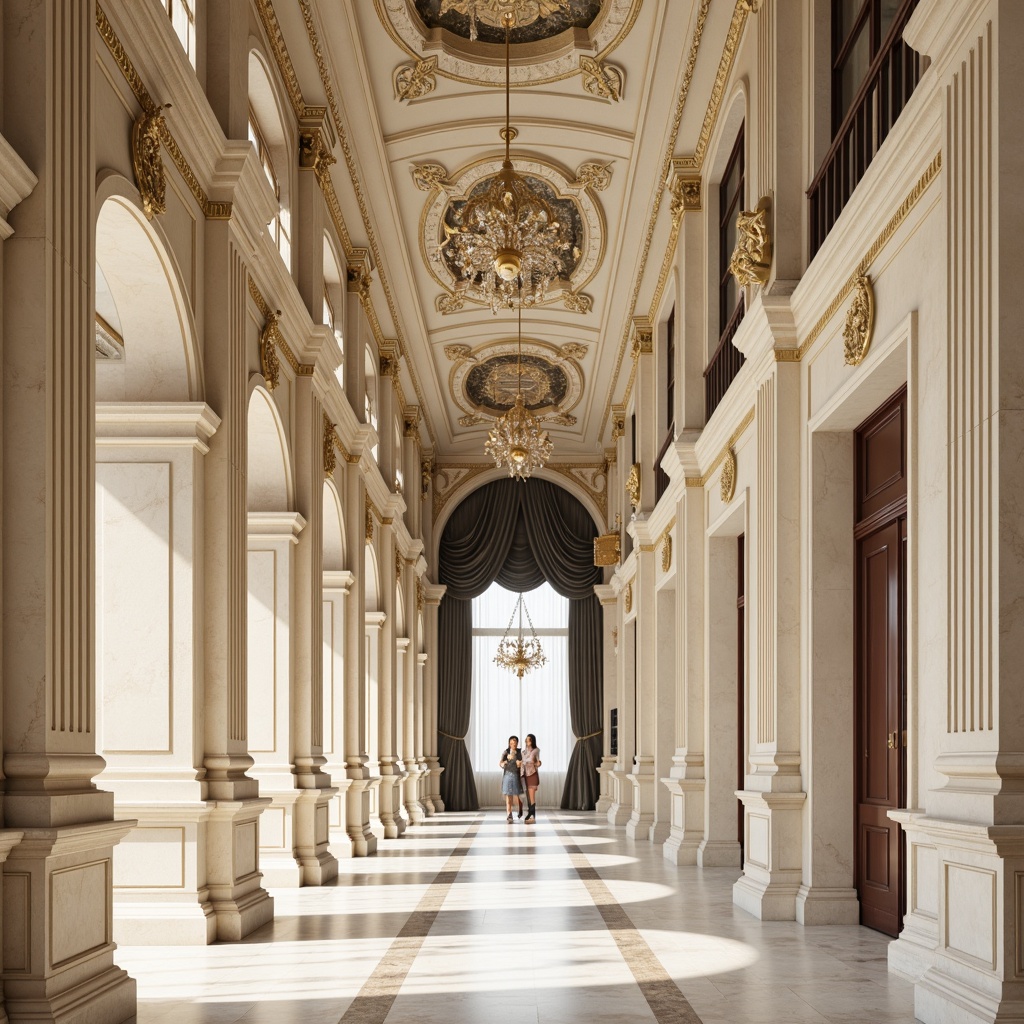 Prompt: Ornate classical columns, intricately carved moldings, soft creamy marble textures, elegant curved lines, symmetrical fa\u00e7ade compositions, ornamental gilded details, refined stucco finishes, luxurious velvet drapes, crystal chandeliers, subtle natural lighting, shallow depth of field, 1/1 composition, realistic renderings, ambient occlusion.