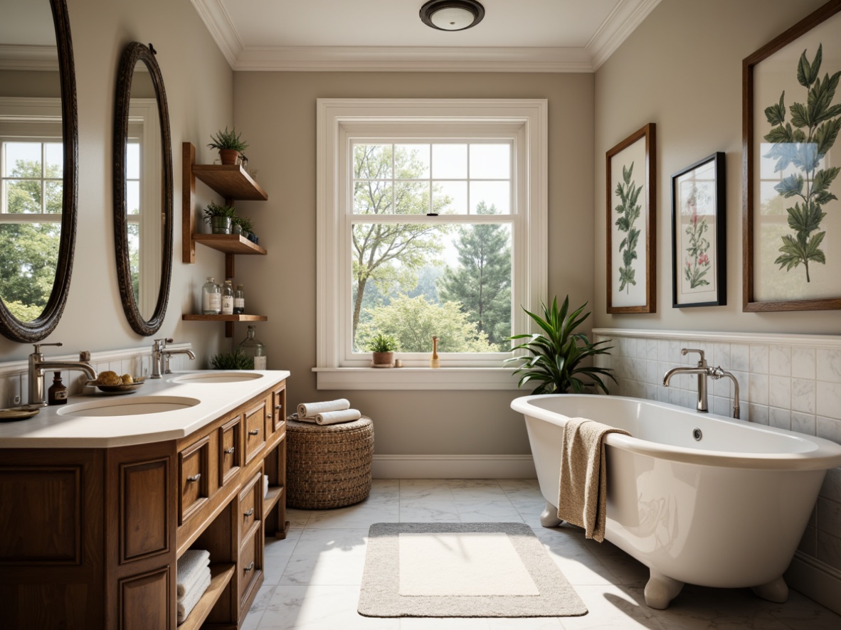 Prompt: Elegant bathroom, neutral color palette, traditional fixtures, ornate mirrors, marble countertops, chrome faucets, freestanding tubs, wooden cabinetry, soft warm lighting, ambient shadows, shallow depth of field, 1/1 composition, realistic textures, academic-inspired artwork, vintage apothecary jars, distressed wood shelves, woven baskets, botanical prints, subtle patterns.