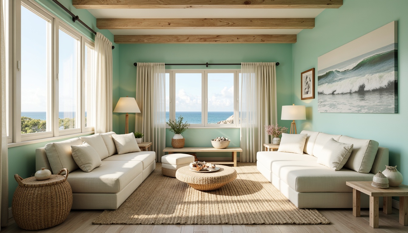 Prompt: Soft pastel colors, ocean-inspired decor, gentle wave patterns, calming seafoam green walls, driftwood accents, natural fiber rugs, woven seagrass baskets, creamy white furniture, shell-shaped decorations, fish-themed artwork, sunny coastal windows, sheer curtains, warm beachy lighting, table lamps with nautical ropes, string lights with glass beads, 1/2 composition, softbox lighting, dreamy atmosphere, gentle ocean breeze.