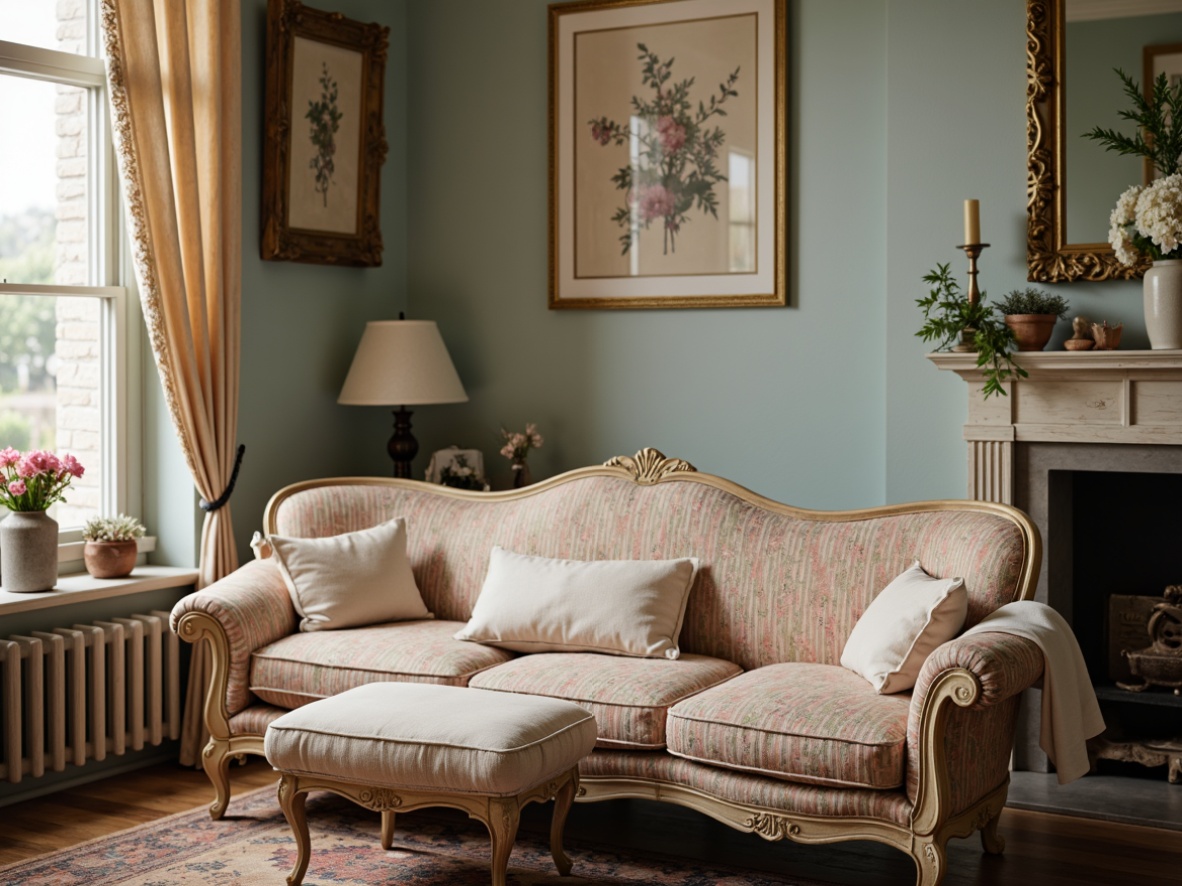 Prompt: Distressed wood, vintage fabrics, soft pastel hues, elegant curves, ornate carvings, plush cushions, antique hardware, floral patterns, lace trimmings, rustic textures, worn finishes, cozy atmosphere, warm lighting, shallow depth of field, 1/1 composition, realistic render, subtle color palette, romantic ambiance.