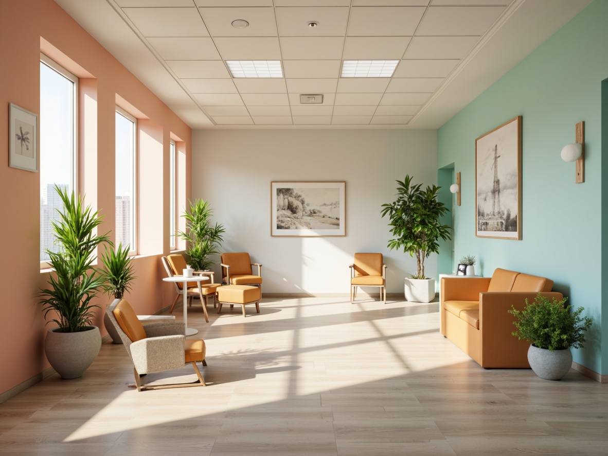 Prompt: Calming dental clinic atmosphere, soft peach walls, gentle mint accents, creamy whites, warm beige floors, natural wood tones, soothing blue hues, subtle chrome fixtures, minimalist decor, comfortable seating areas, lush green plants, abundant natural light, airy open spaces, serene ambient lighting, shallow depth of field, 1/1 composition, realistic textures.