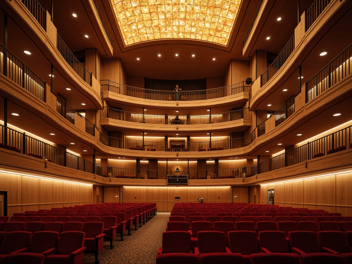 Prompt: Elegant opera house, mid-century modern style, rich wood tones, warm golden lighting, curved balconies, ornate metal railings, plush red velvet seats, intricate ceiling patterns, acoustic panels, sound-absorbing materials, diffused natural light, soft shadows, 3/4 composition, shallow depth of field, realistic textures, ambient occlusion.