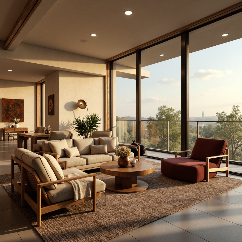 Prompt: Cozy living room, plush sofas, velvet armchairs, wooden coffee tables, minimalist decor, warm beige walls, soft golden lighting, comfortable pillows, patterned rugs, natural fabrics, ergonomic designs, stylish vases, decorative plants, floor-to-ceiling windows, panoramic views, relaxed atmosphere, intimate seating areas.