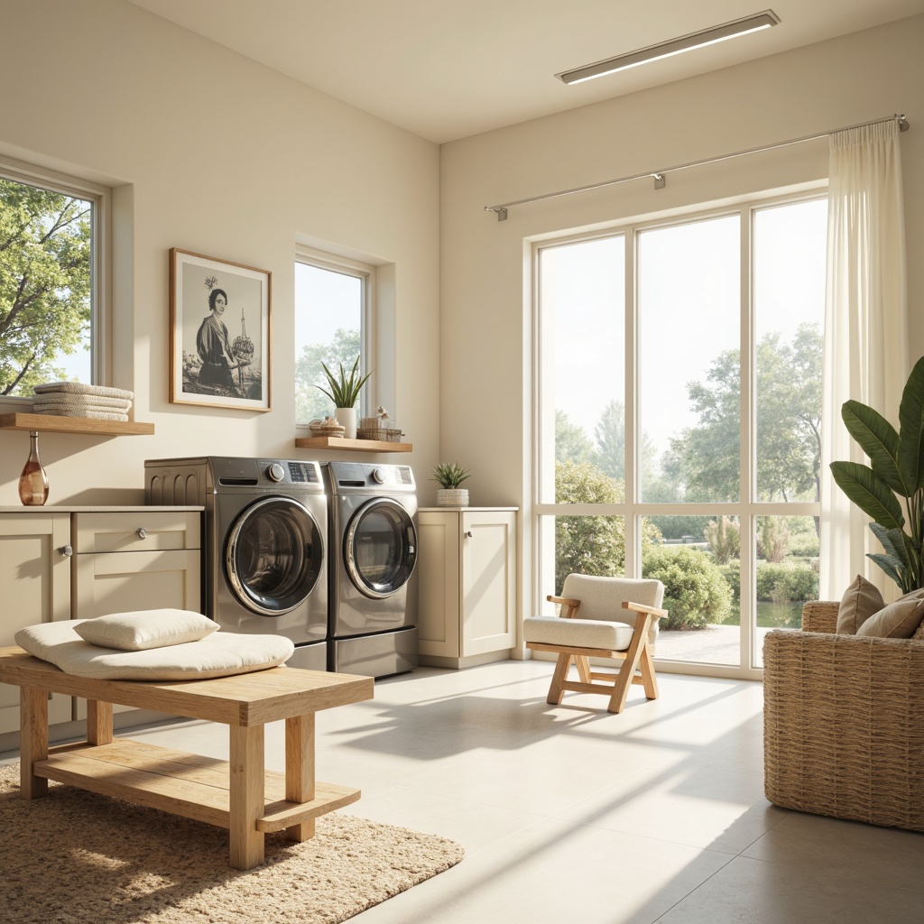 Prompt: Bright laundry room, large windows, natural light pouring in, soft warm illumination, cream-colored walls, sleek modern appliances, stainless steel washing machines, dryer units with glass doors, folding tables, built-in shelving, airy feel, minimalist decor, pastel color scheme, subtle texture accents, gentle shadows, 1/1 composition, shallow depth of field, realistic reflections.