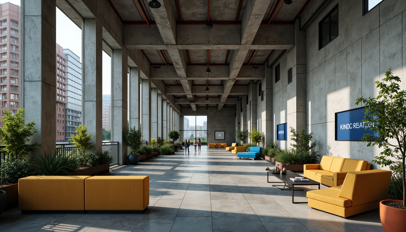 Prompt: Exposed concrete walls, industrial metal beams, brutalist architecture, bold color accents, vibrant yellow furniture, deep blue signage, bright orange equipment, muted greenery, institutional flooring, functional lighting, minimalist decor, urban cityscape, overcast day, high contrast shadows, dramatic spotlighting, 1/1 composition, realistic textures, ambient occlusion.