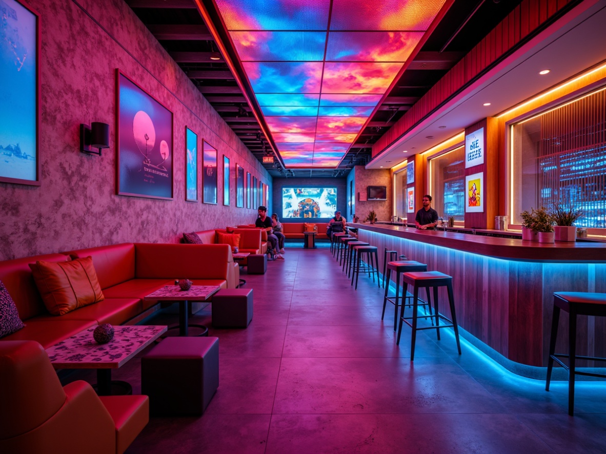 Prompt: Vibrant neon lights, eclectic furniture, asymmetrical shapes, bold color schemes, textured walls, metallic accents, irregular geometries, avant-garde decor, abstract artwork, futuristic ambiance, retro-futuristic vibes, sleek bar counters, minimalist stools, LED light installations, dynamic reflections, 3/4 composition, shallow depth of field, cinematic lighting, ambient occlusion.