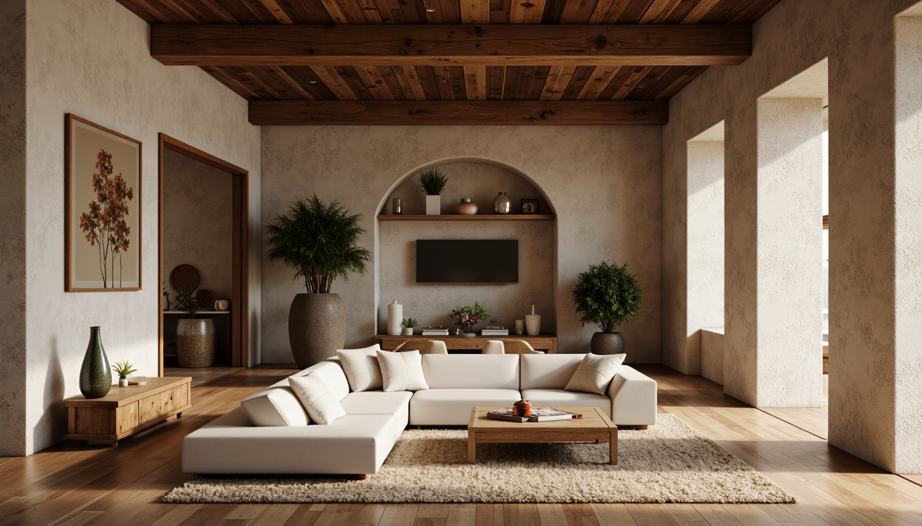 Prompt: Rustic modern living room, textured walls, earthy tones, natural stone accents, wooden floorboards, minimalist furniture, cozy atmosphere, warm soft lighting, shallow depth of field, 1/1 composition, realistic textures, ambient occlusion.