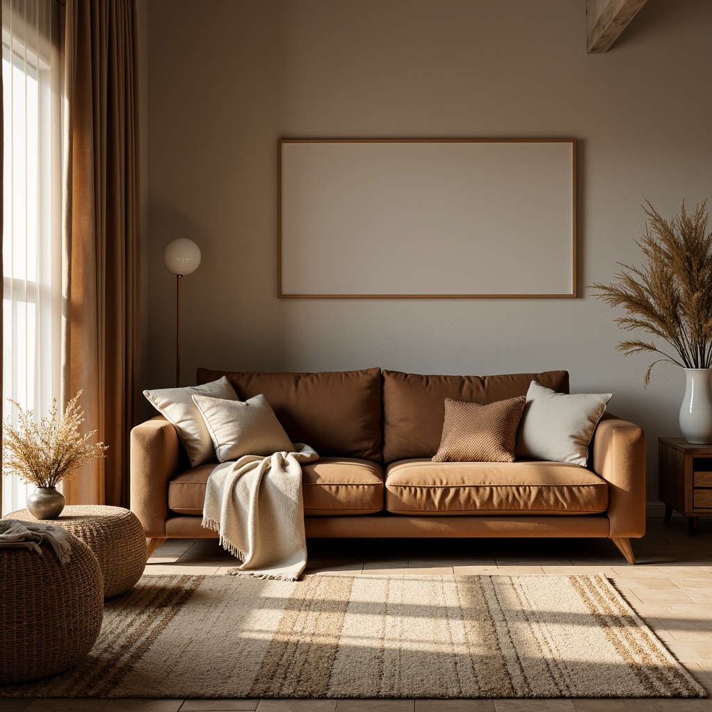 Prompt: Plush velvet sofa, soft cotton cushions, warm beige carpet, natural fiber rugs, cozy throw blankets, elegant silk drapes, rustic wooden furniture, modern minimalist decor, calm earthy tones, soft diffused lighting, 1/1 composition, intimate atmosphere, realistic textures, subtle shading.