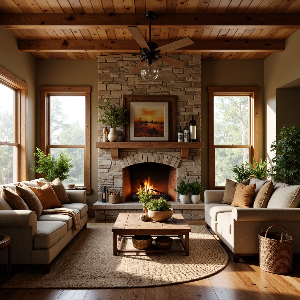 Prompt: Cozy craftsman living room, warm earthy tones, natural wood accents, plush furniture upholstery, woven baskets, vintage rugs, stone fireplace surround, wooden ceiling beams, rustic metal lighting fixtures, soft warm lighting, shallow depth of field, 1/1 composition, realistic textures, ambient occlusion.