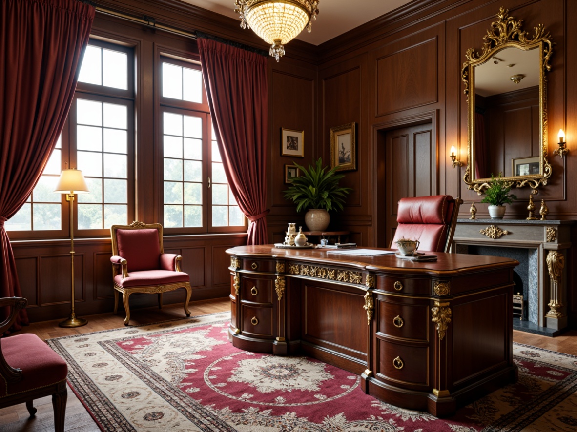 Prompt: Ornate home office, curved wooden desk, gilded legs, velvet upholstery, intricately carved chair, luxurious fabrics, golden accents, soft warm lighting, French windows, ornamental mirrors, crystal chandelier, lavish furnishings, Baroque patterns, rich wood tones, opulent decor, intimate workspace, 1/1 composition, shallow depth of field, realistic textures, ambient occlusion.