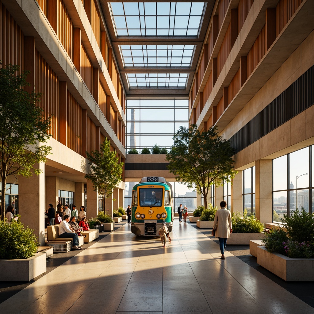 Prompt: Vibrant urban landscape, bustling train station, warm beige walls, rich wood accents, sleek metallic lines, bright LED signage, comfortable waiting areas, lush greenery, natural stone floors, large windows, soft diffused lighting, shallow depth of field, 1/1 composition, panoramic view, realistic textures, ambient occlusion.