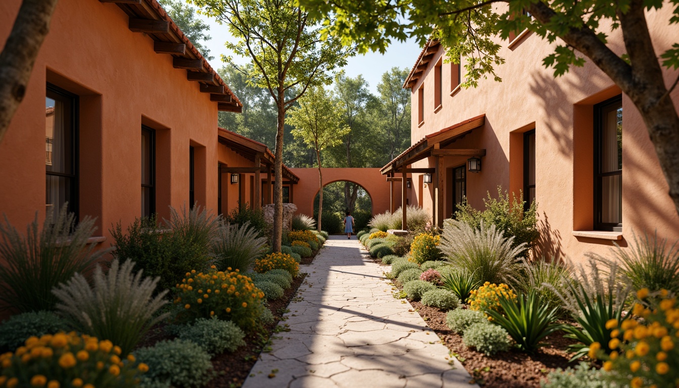 Prompt: Warm ochre adobe walls, earthy tone terracotta roofs, rustic stone pathways, lush greenery, vibrant wildflowers, wooden accents, natural textures, warm golden lighting, soft focus, shallow depth of field, 2/3 composition, intimate atmosphere, cozy ambiance.