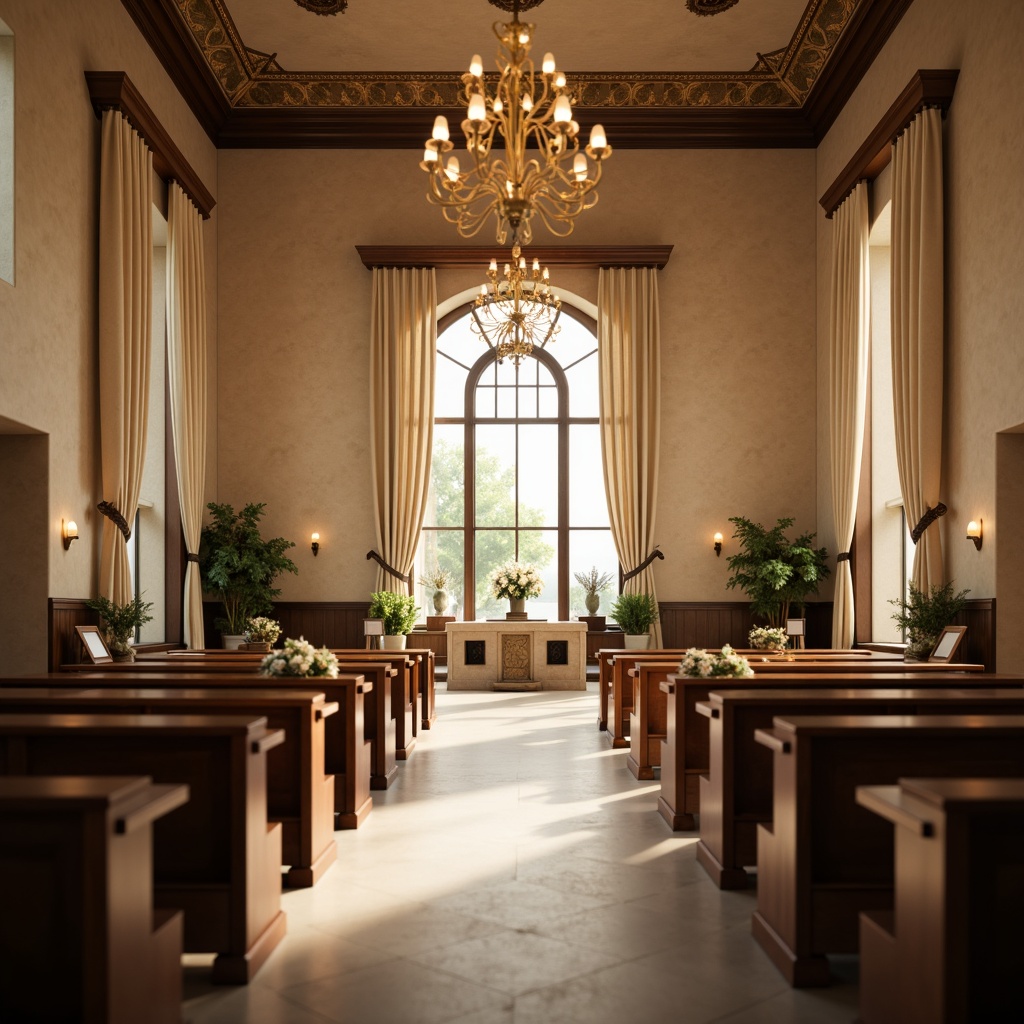 Prompt: Elegant memorial interior, subtle natural light, warm beige tones, ornate chandeliers, solemn atmosphere, soft focus, shallow depth of field, 1/2 composition, warm diffused lighting, delicate fabric drapes, wooden accents, classic furniture pieces, subtle texture overlays, realistic material reflections, ambient occlusion, peaceful ambiance.