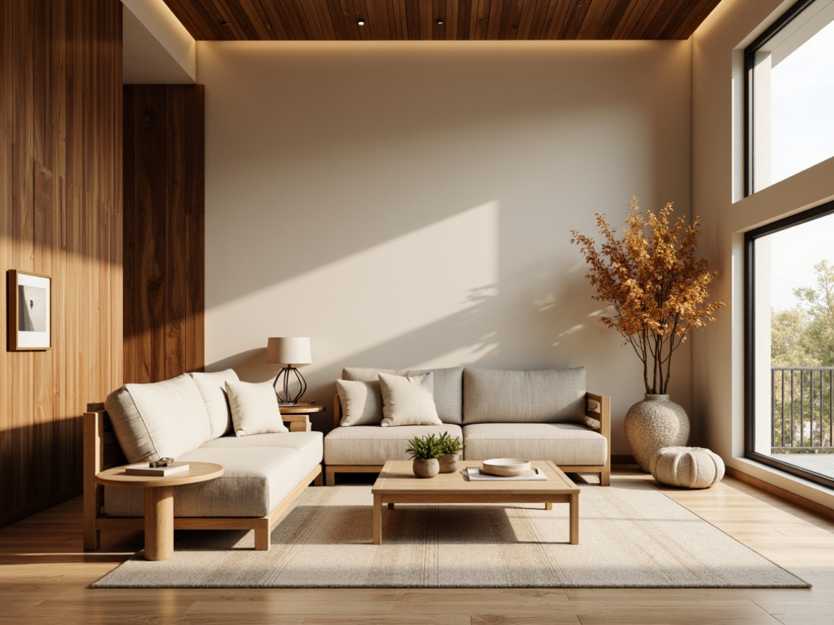 Prompt: Cozy living room, warm beige walls, rich walnut wood furniture, plush velvet sofas, soft golden lighting, natural textiles, earthy tone rugs, minimalist decor, modern sleek lines, subtle patterned fabrics, calming atmosphere, creamy whites, gentle pastels, muted metallic accents, realistic textures, shallow depth of field, 1/2 composition, warm color temperature, inviting ambiance.