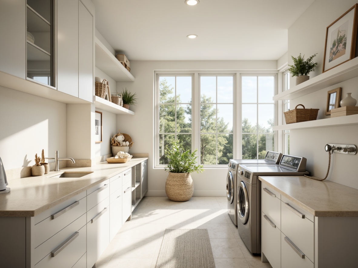 Prompt: Bright laundry room, large windows, soft natural lighting, white cabinets, stainless steel appliances, beige countertops, pastel-colored walls, airy atmosphere, minimal decorations, functional shelving, built-in ironing board, hanging rods, woven baskets, subtle textures, shallow depth of field, 1/1 composition, realistic reflections, ambient occlusion.