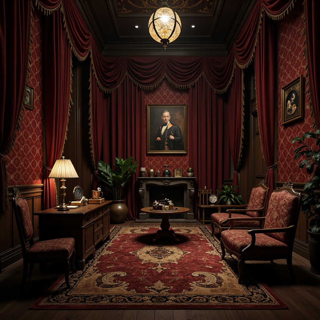 Prompt: Dark academia atmosphere, mysterious velvet fabrics, luxurious brocade patterns, rich jewel-toned colors, heavy drapery, ornate tassels, intricate lace details, mystical symbolism, ancient mythological motifs, dimly lit ambiance, dramatic shadows, warm golden lighting, vintage furniture, distressed wood accents, mysterious artifacts, eerie silence.