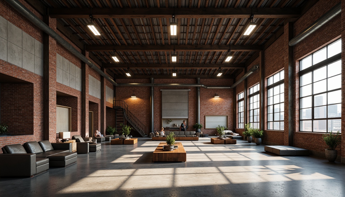 Prompt: Exposed brick walls, metal beams, reclaimed wood accents, industrial-style lighting fixtures, concrete floors, urban cityscape, old factories, abandoned warehouses, distressed textures, gritty atmosphere, vintage machinery parts, metallic colors, functional decor, minimalist chic, open-plan layout, high ceilings, large windows, natural light, moody shadows, cinematic lighting, 3/4 composition, shallow depth of field, realistic materials, ambient occlusion.