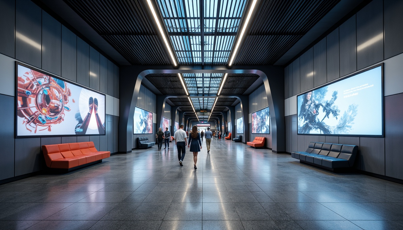 Prompt: Modern metro station, sleek contemporary walls, dynamic LED lights, futuristic advertisements, stainless steel columns, geometric patterns, abstract art installations, high-gloss floors, minimalist benches, urban cityscape views, bustling pedestrian traffic, rush hour atmosphere, soft cool lighting, shallow depth of field, 1/1 composition, realistic textures, ambient occlusion.