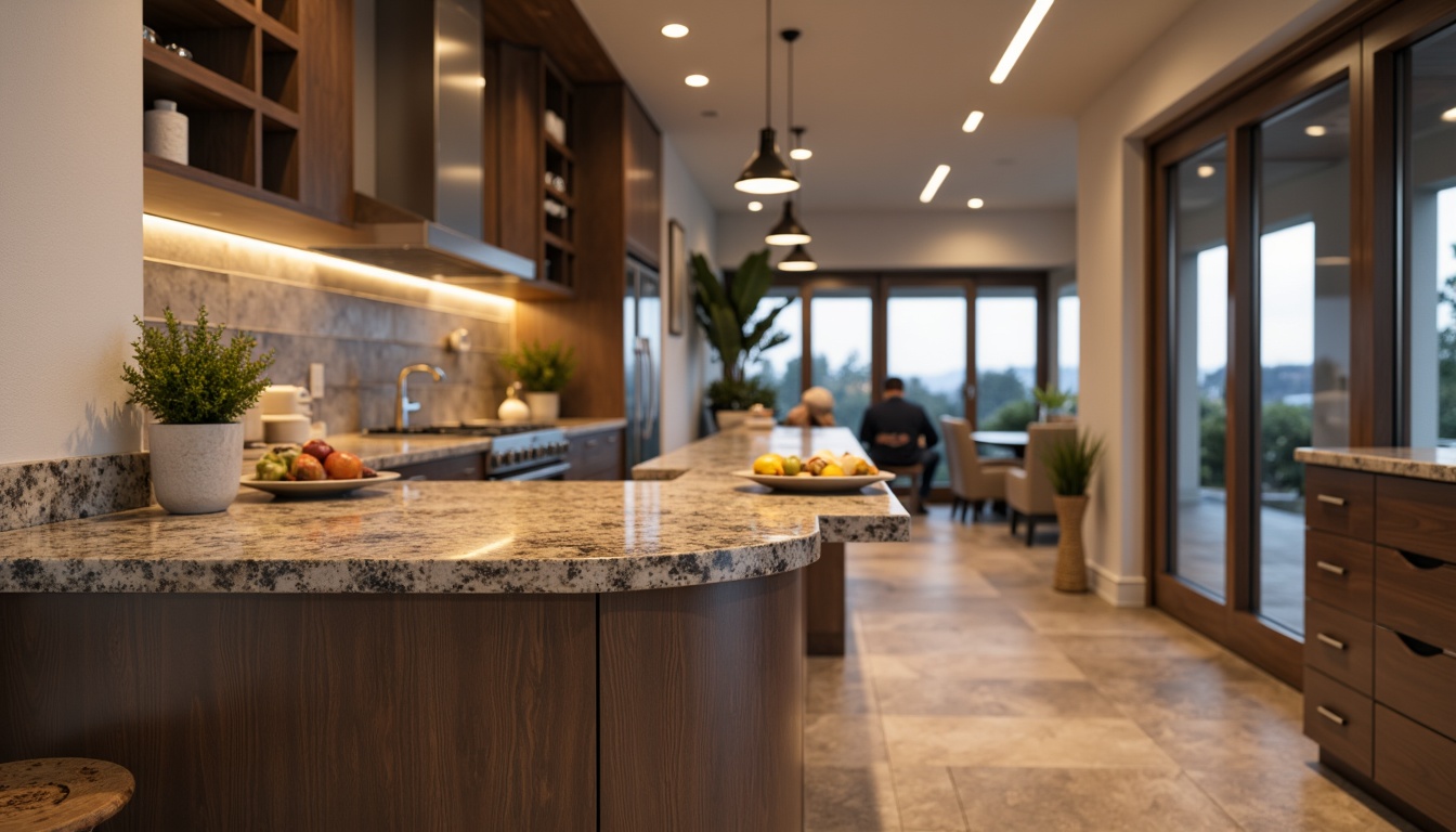 Prompt: Luxurious granite countertops, polished finish, rich earthy tones, flecked patterns, durable material, scratch-resistant surface, heat-resistant properties, low maintenance, modern kitchen design, sleek cabinetry, stainless steel appliances, pendant lighting, natural stone flooring, subtle texture contrast, soft warm ambiance, 1/1 composition, shallow depth of field, realistic reflections.