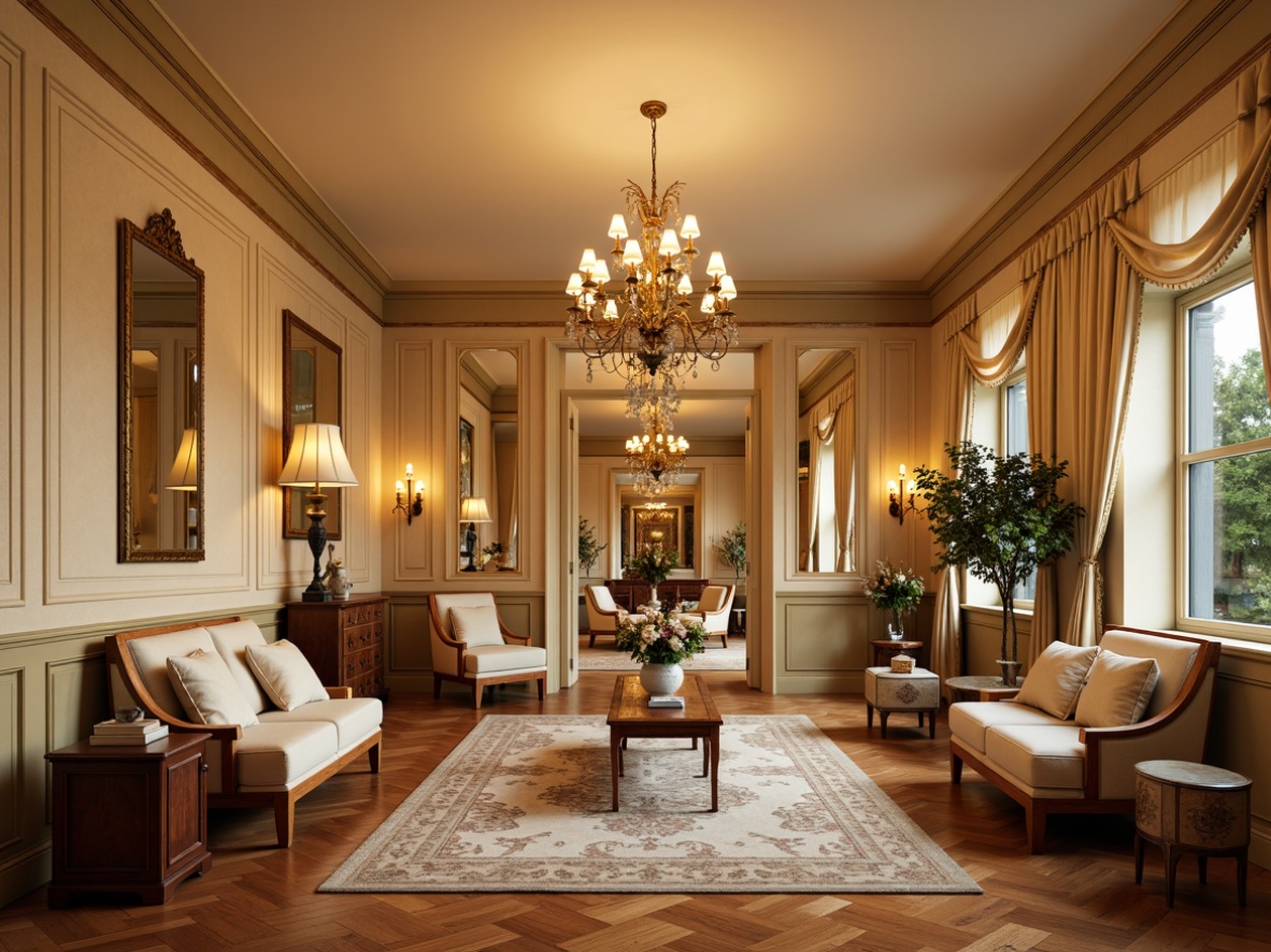 Prompt: Warm beige walls, ornate moldings, elegant wainscoting, rich wood paneling, subtle texture patterns, soft cream-colored accents, classic columns, refined archways, luxurious velvet drapes, stately chandeliers, ornamental mirrors, antique furniture pieces, plush area rugs, warm golden lighting, 1/2 composition, atmospheric perspective, realistic reflections, ambient occlusion.