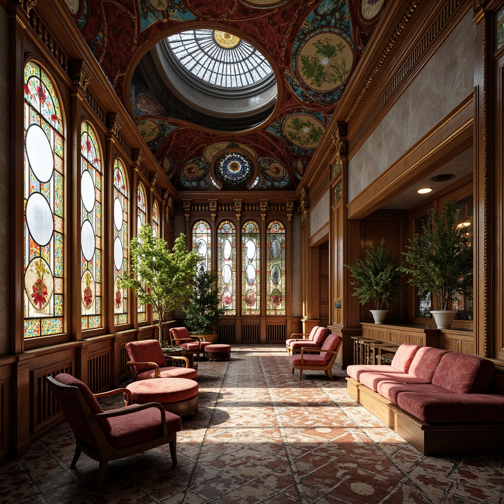 Prompt: Opulent interior, curved lines, flowing organic forms, ornate metalwork, stained glass windows, vibrant colors, iridescent tiles, intricate mosaics, luxurious fabrics, velvety textures, sinuous patterns, botanical motifs, sculpted wood panels, gilded accents, soft warm lighting, dramatic shadows, 1/1 composition, shallow depth of field, realistic reflections.