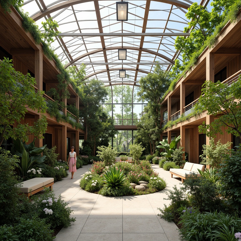 Prompt: Elegant greenhouse interior, lush green walls, thriving plants, natural wood accents, reclaimed wood furniture, living green roofs, energy-efficient lighting, solar-powered systems, rainwater harvesting, eco-friendly materials, innovative climate control, airy open spaces, minimalist decor, modern academic style, abundant natural light, soft warm ambiance, shallow depth of field, 1/1 composition, realistic textures, ambient occlusion.