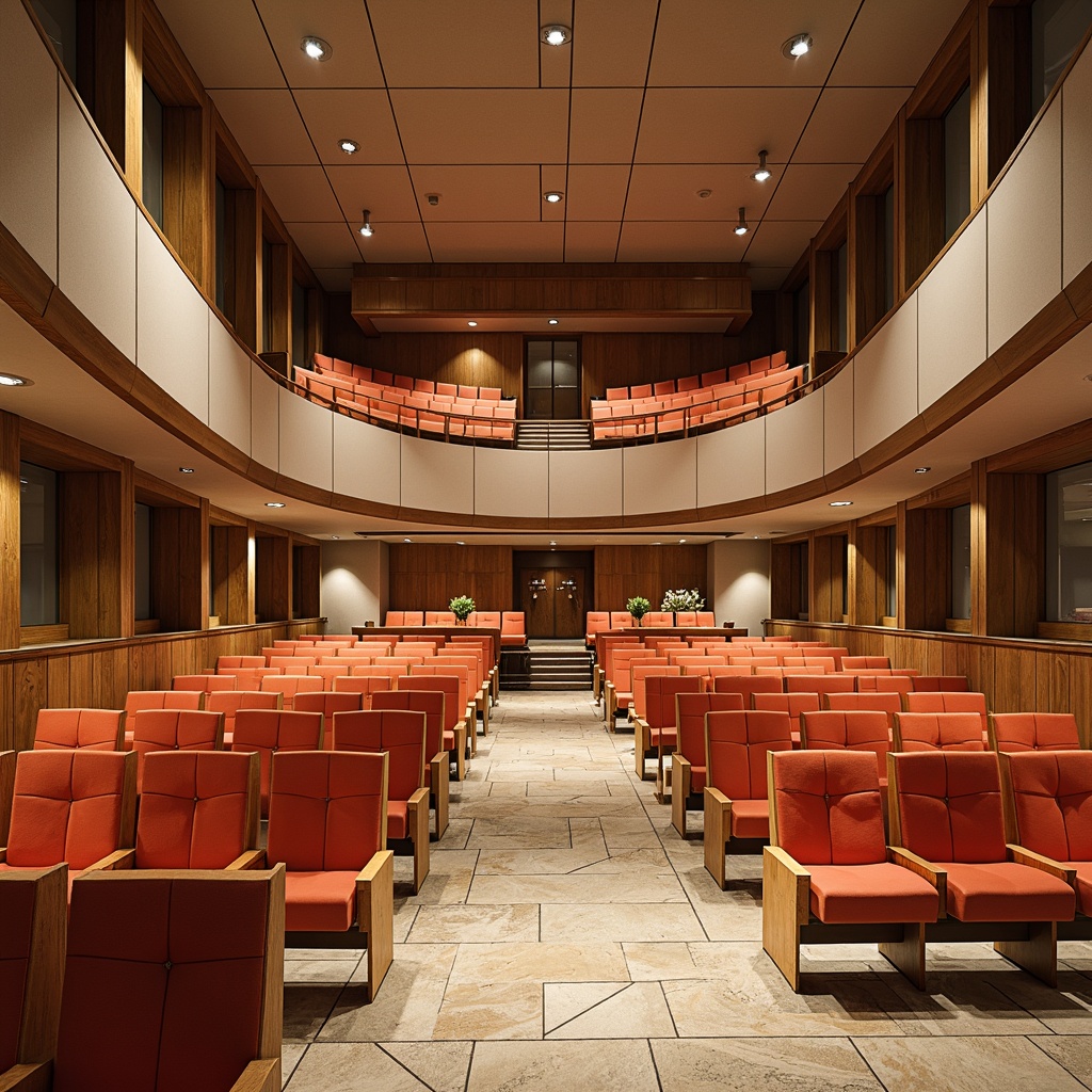 Prompt: Elegant auditorium, academic architectural style, curved rows of seats, wooden or metal frames, upholstered chairs, vibrant color accents, geometric patterns, natural stone flooring, minimalist design, modern lighting fixtures, suspended ceiling panels, subtle texture contrasts, warm beige tones, soft indirect lighting, 1/1 composition, realistic material reflections, ambient occlusion.