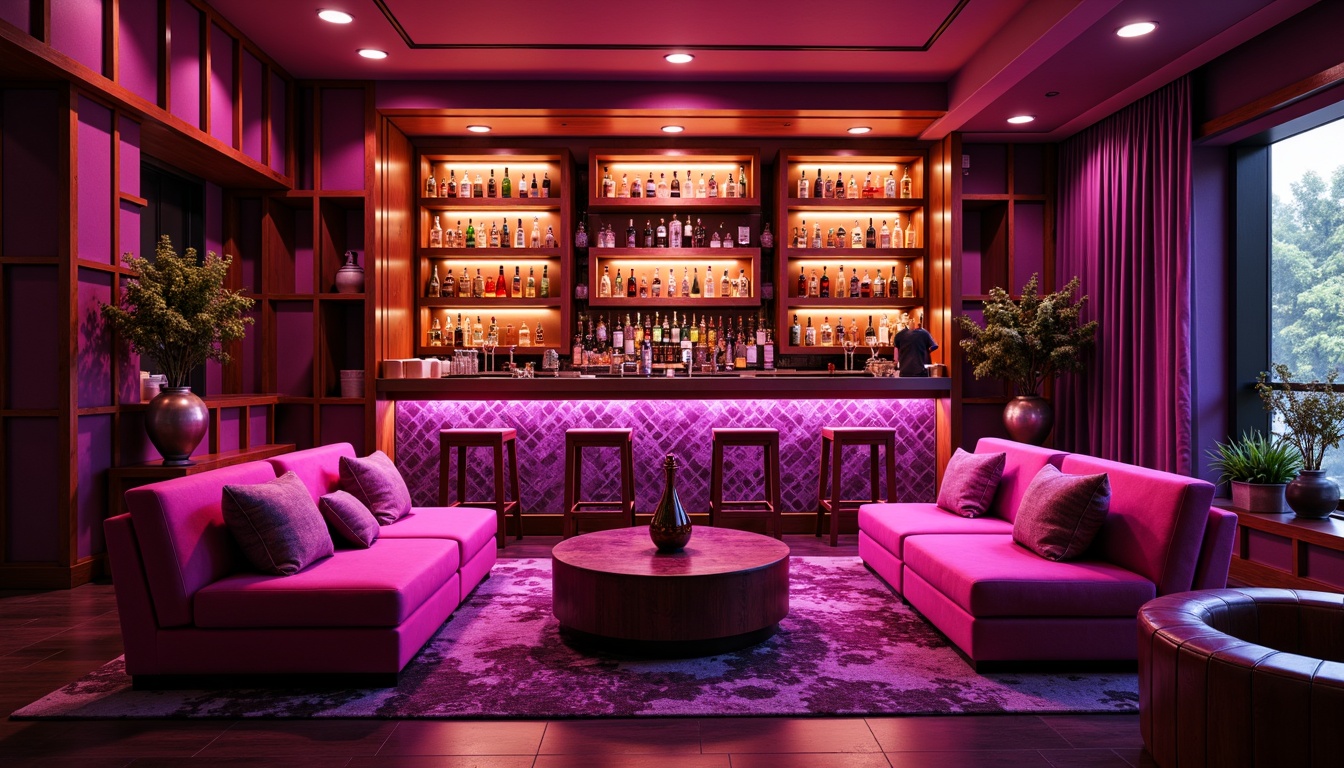 Prompt: Vibrant magenta home bar, luxurious velvet furniture, metallic gold accents, rich wood textures, neon-lit cocktail shelves, sparkling crystal decors, lavish purple curtains, bold geometric patterns, glamorous ambiance, warm soft lighting, dramatic shadows, 1/2 composition, low-angle shot, cinematic mood, realistic reflections.